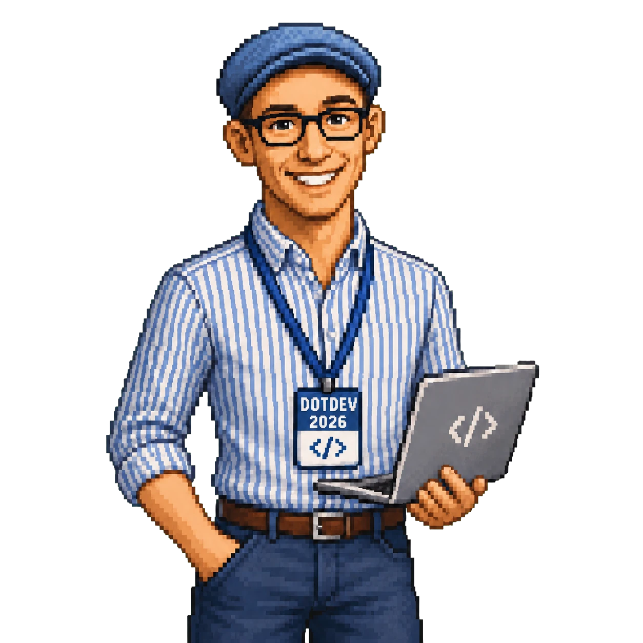 A playful pixel-art illustration of Tobi Lütke holding a laptop